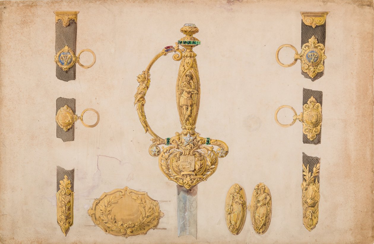 Ontwerp voor een zwaardgreep, schede en riemfittingen door Eugène Julienne.