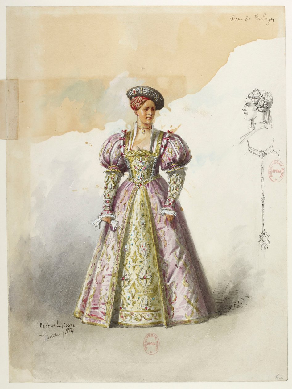 Btv1b84558104 63 - Saint-Saëns - Henry VIII - Kostuummodellen - Lacoste - 62. Anne Boyleyn zonder kraag. Anne van Boleyn zonder kraag door Eugene Lacoste
