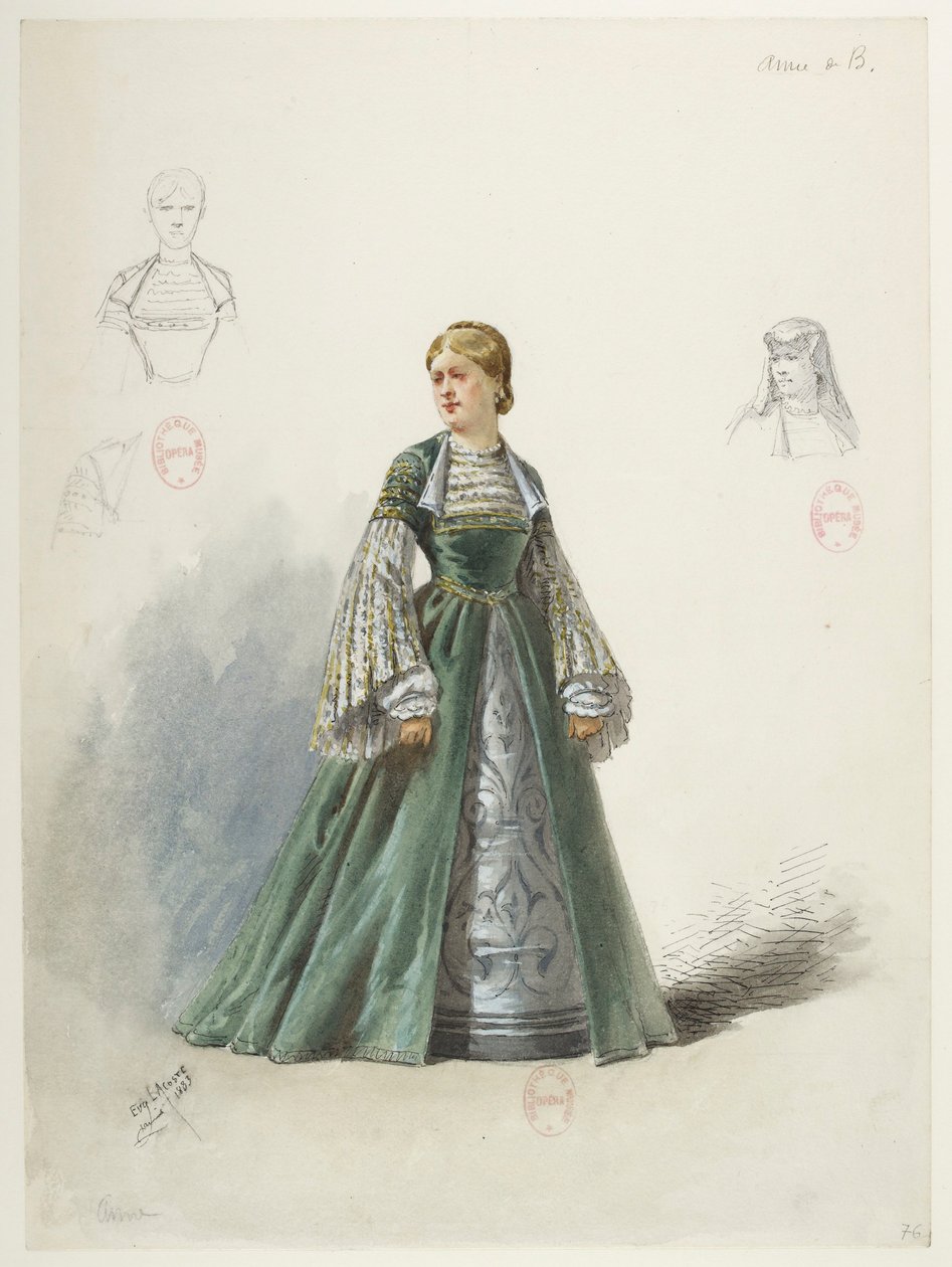 Btv1b84558104 80 - Saint-Saëns - Henry VIII - Kostuummodellen - Lacoste - 76. Anne Boyleyn. Anne van Boleyn door Eugene Lacoste