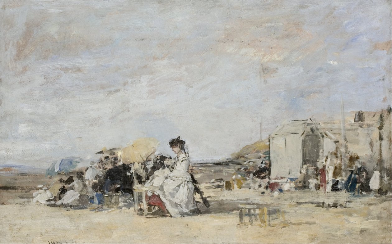Dame in het wit op het strand van Trouville door Eugene Louis Boudin