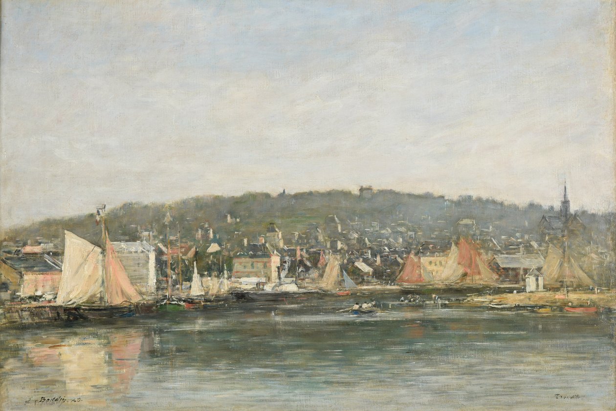 De haven van Trouville in de ochtend door Eugene Louis Boudin