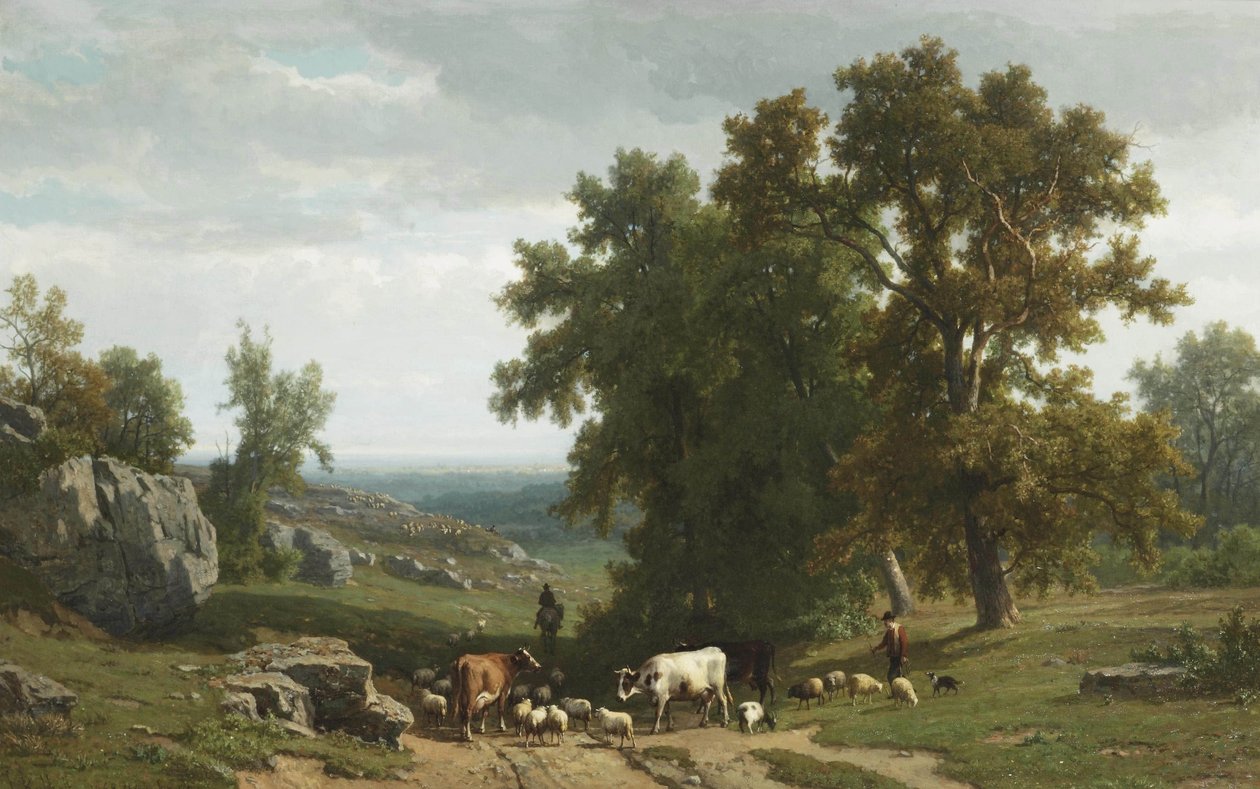 Vee en figuren in een zomers landschap door Eugène Verboeckhoven
