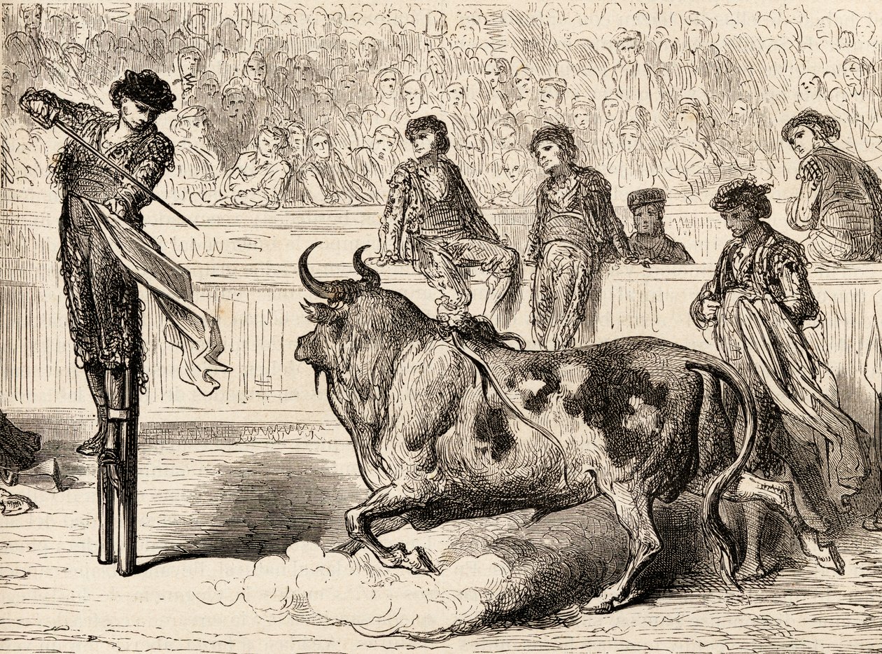 Een stierenvechter op stelten in Sevilla, Spanje, 1878 door European School