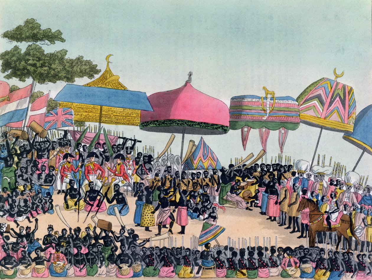 Ontvangst voor de Engelse ambassadeur gehouden door de Ashanti in Comassi, Ghana, c.1818, gegraveerd door A. Biasioli door European School
