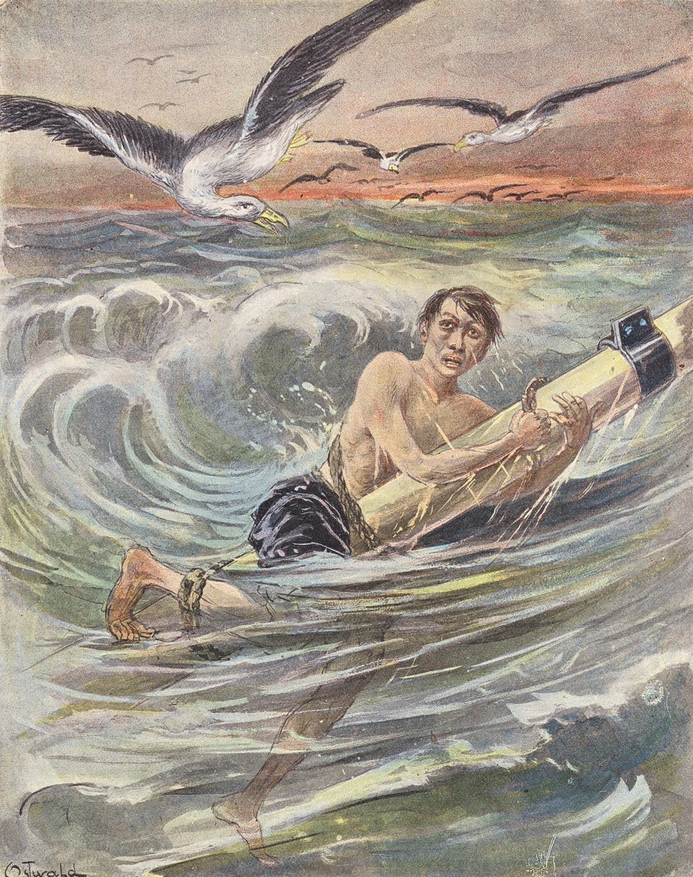 Een schipbreukeling (kleurenlitho) door European School