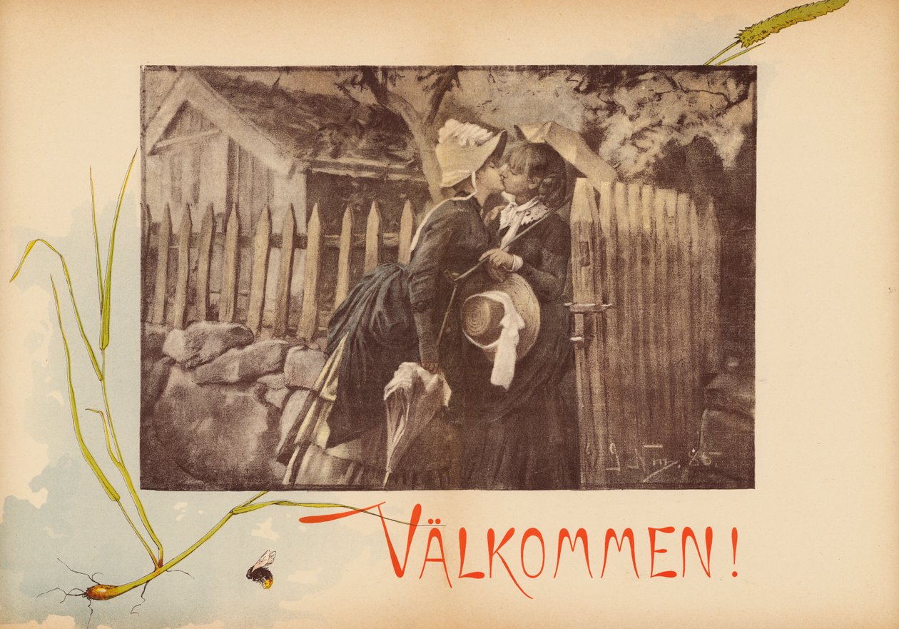 Een welkomstkus (kleurenlitho) door European School