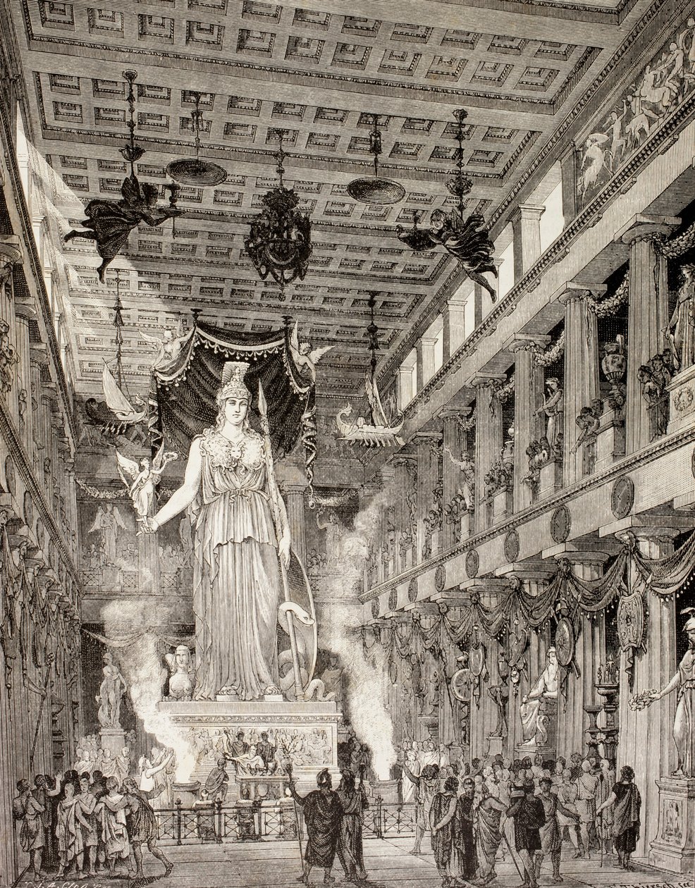 Artistieke impressie van het standbeeld van de godin Athena in het Parthenon, Athene, tijdens de Klassieke periode, uit 