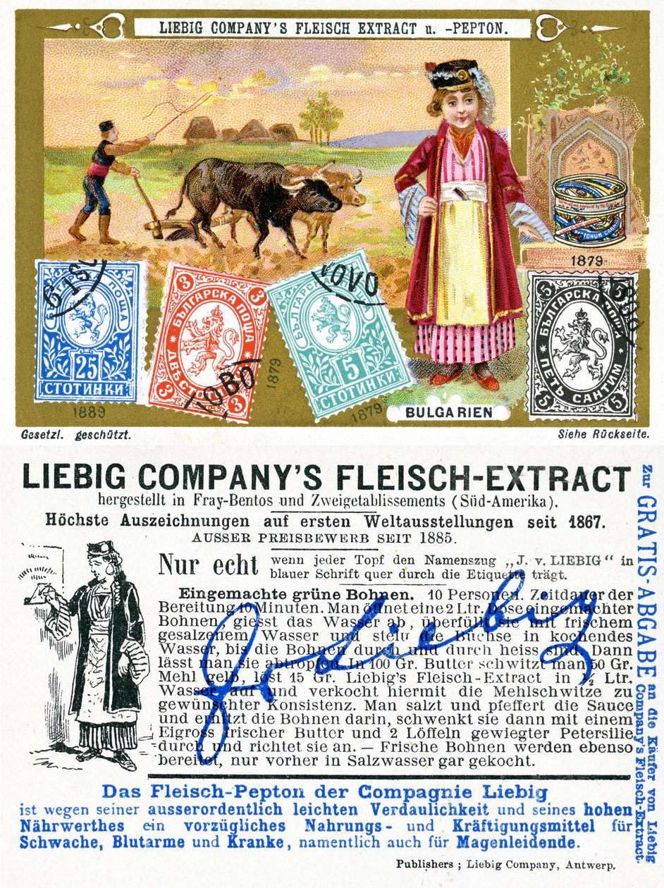 Bulgaarse postzegels, voor- en achterkant van een Liebig promotiekaart, 1897 door European School