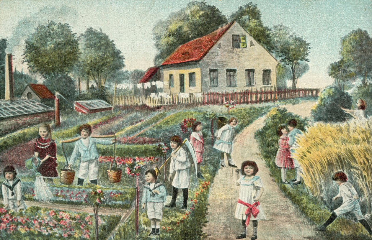 Kinderen in een tuin of volkstuin (kleurenlitho) door European School