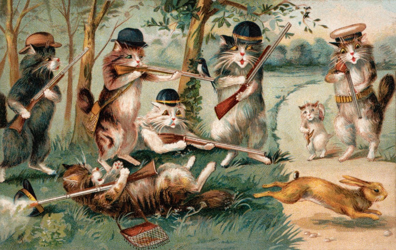 Komische katten, op jacht naar konijnen (kleurenlitho) door European School