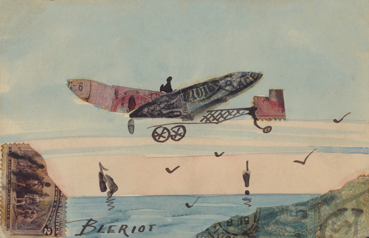 Afbeelding van een eendekker ontworpen door de Franse vliegenier Louis Bleriot, de eerste man die over het Kanaal vloog (kleurenlitho) door European School
