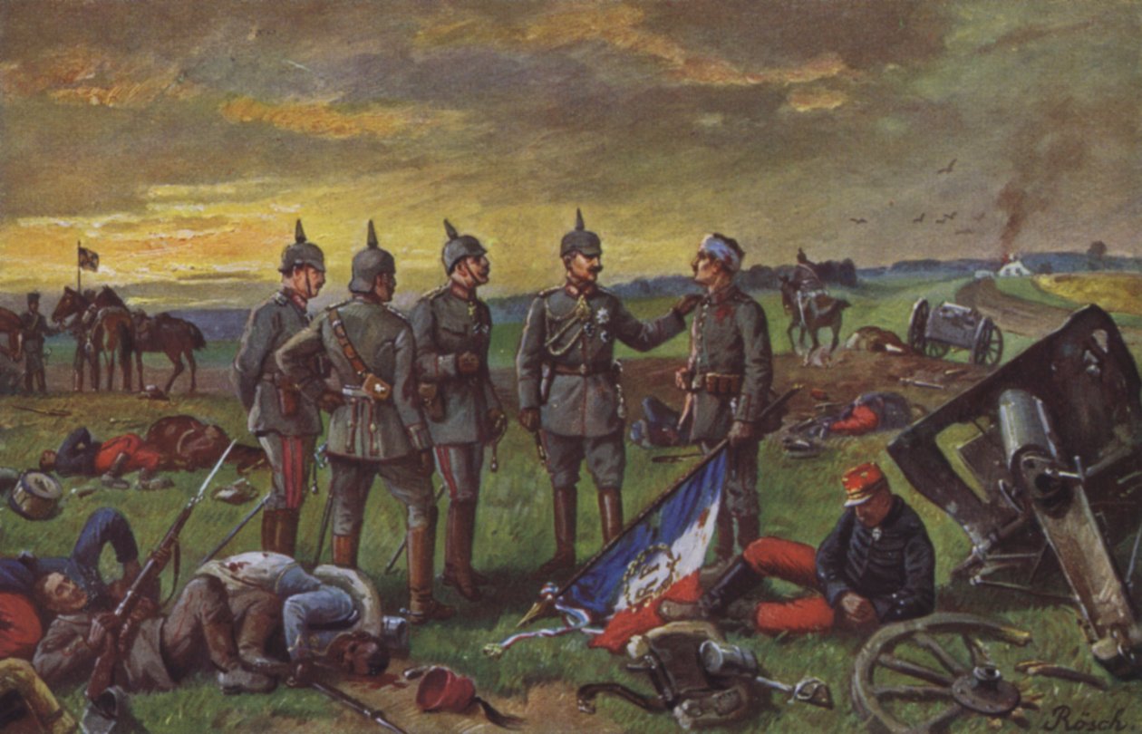 Duitse soldaten op het slagveld na een overwinning op de Fransen, Frans-Pruisische Oorlog door European School