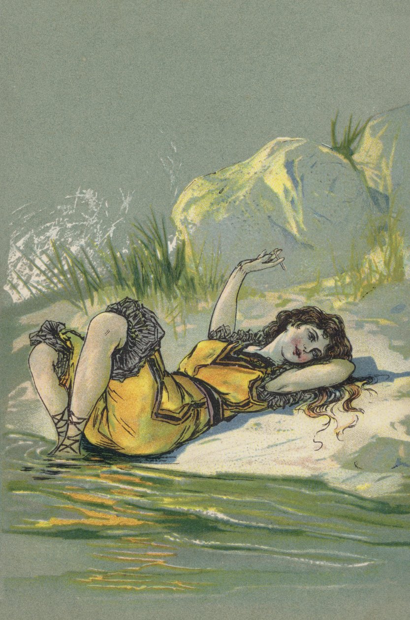 Meisje liggend op een strand of rivieroever (kleurenlitho) door European School