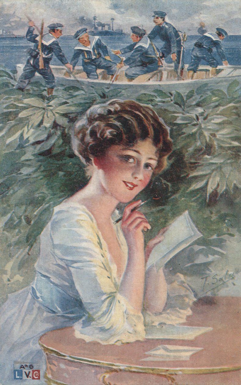 Meisje schrijft aan een zeeman (kleurenlitho) door European School
