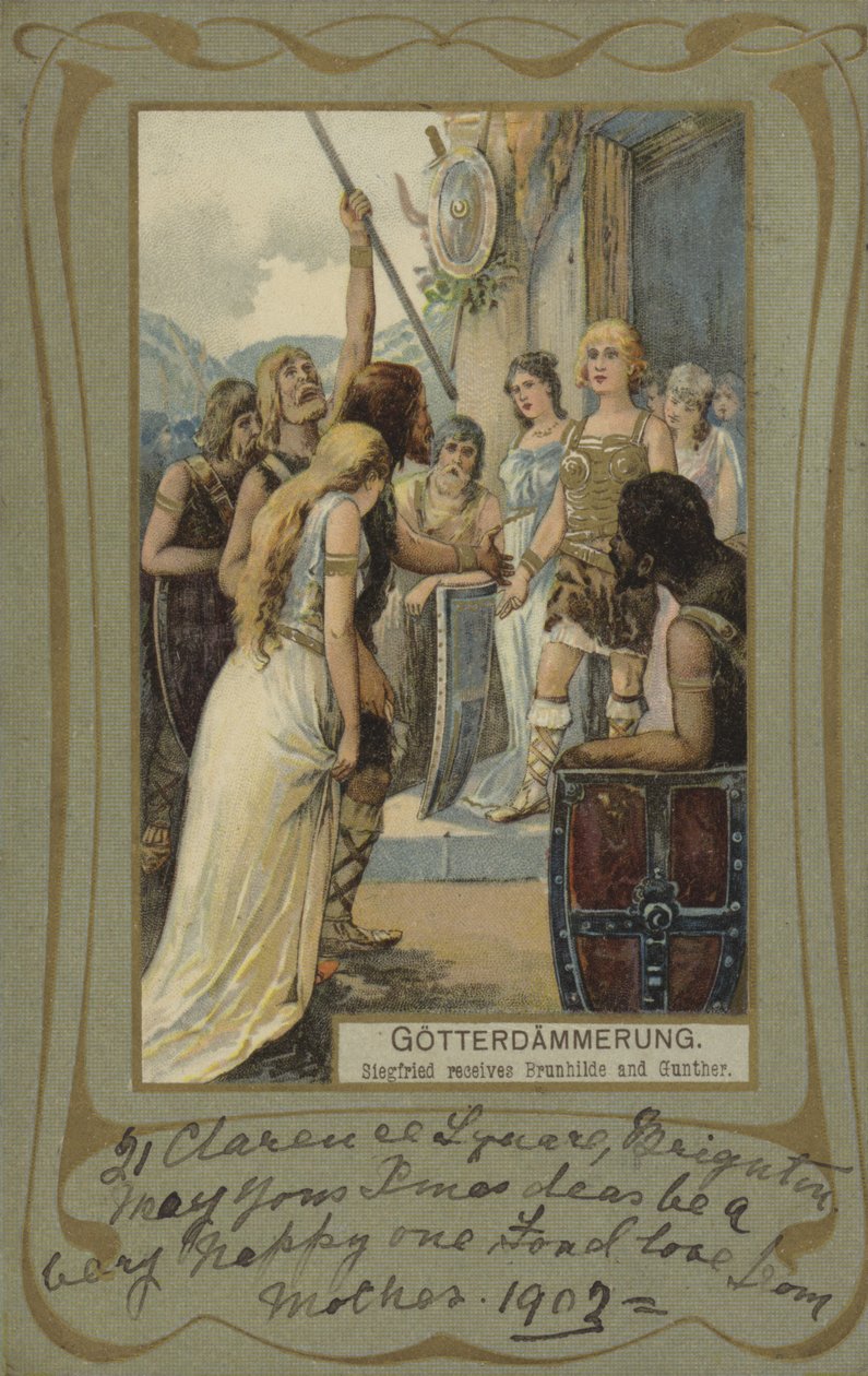 Gotterdammerung, Siegfried ontvangt Brunhilde en Gunther (kleurenlitho) door European School