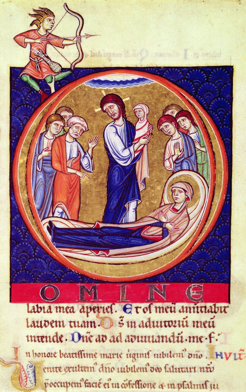 Geïllustreerde initiaal die de dood van de Maagd Maria toont, uit een onbekend manuscript, 12e-13e eeuw door European School