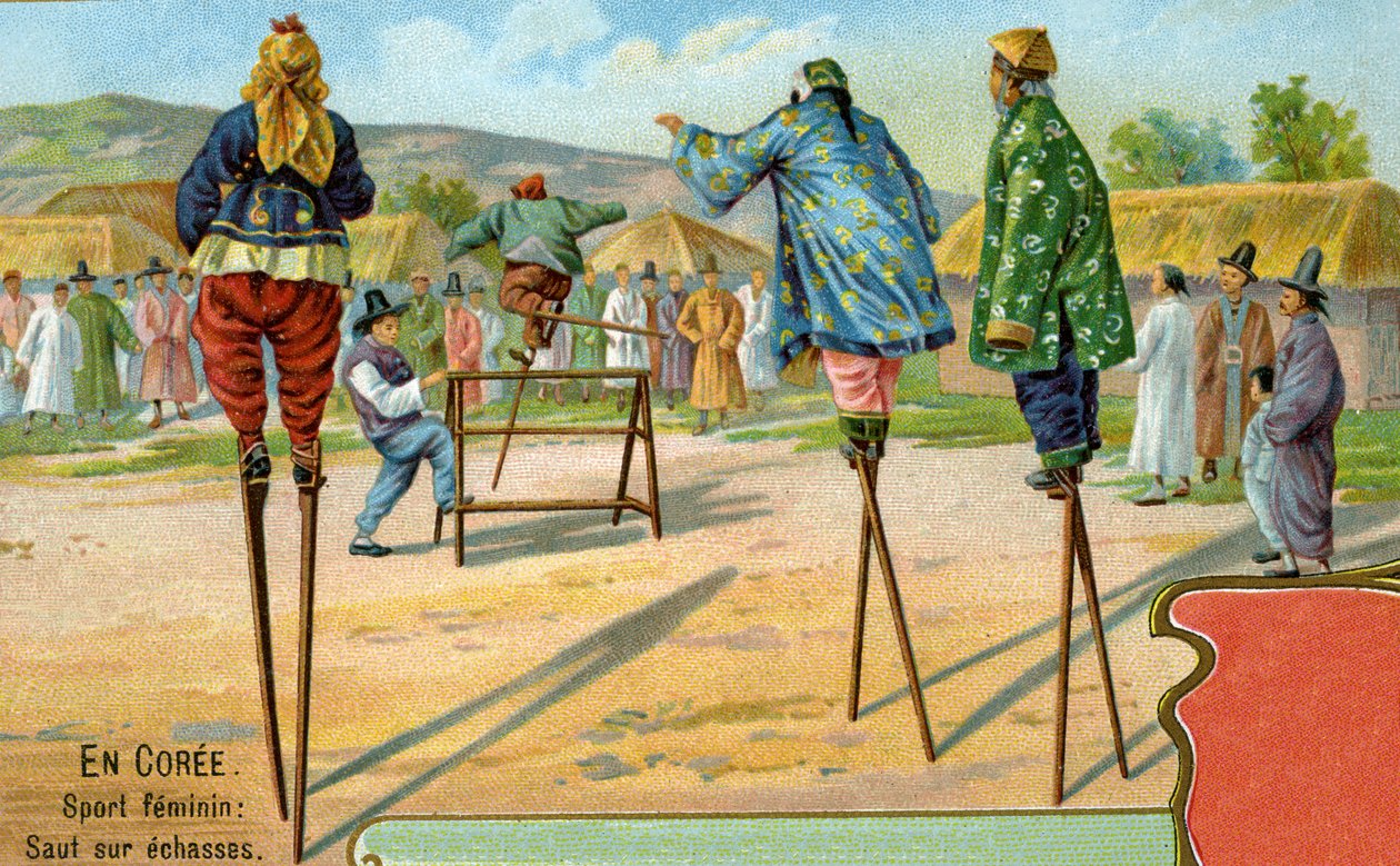 Koreaanse vrouwen op stelten die een spel van hindernissen springen spelen, 1904 door European School