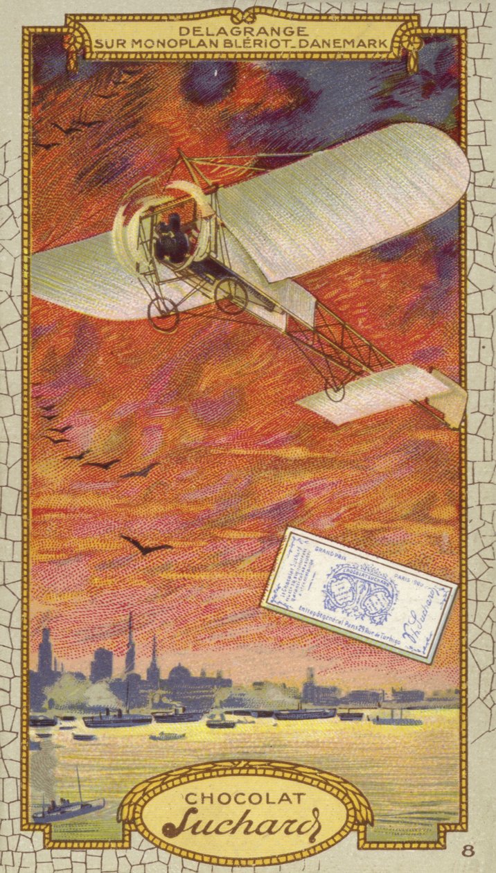 Leon Delagrange in een eendekker van Bleriot, Denemarken (chromolitho) door European School