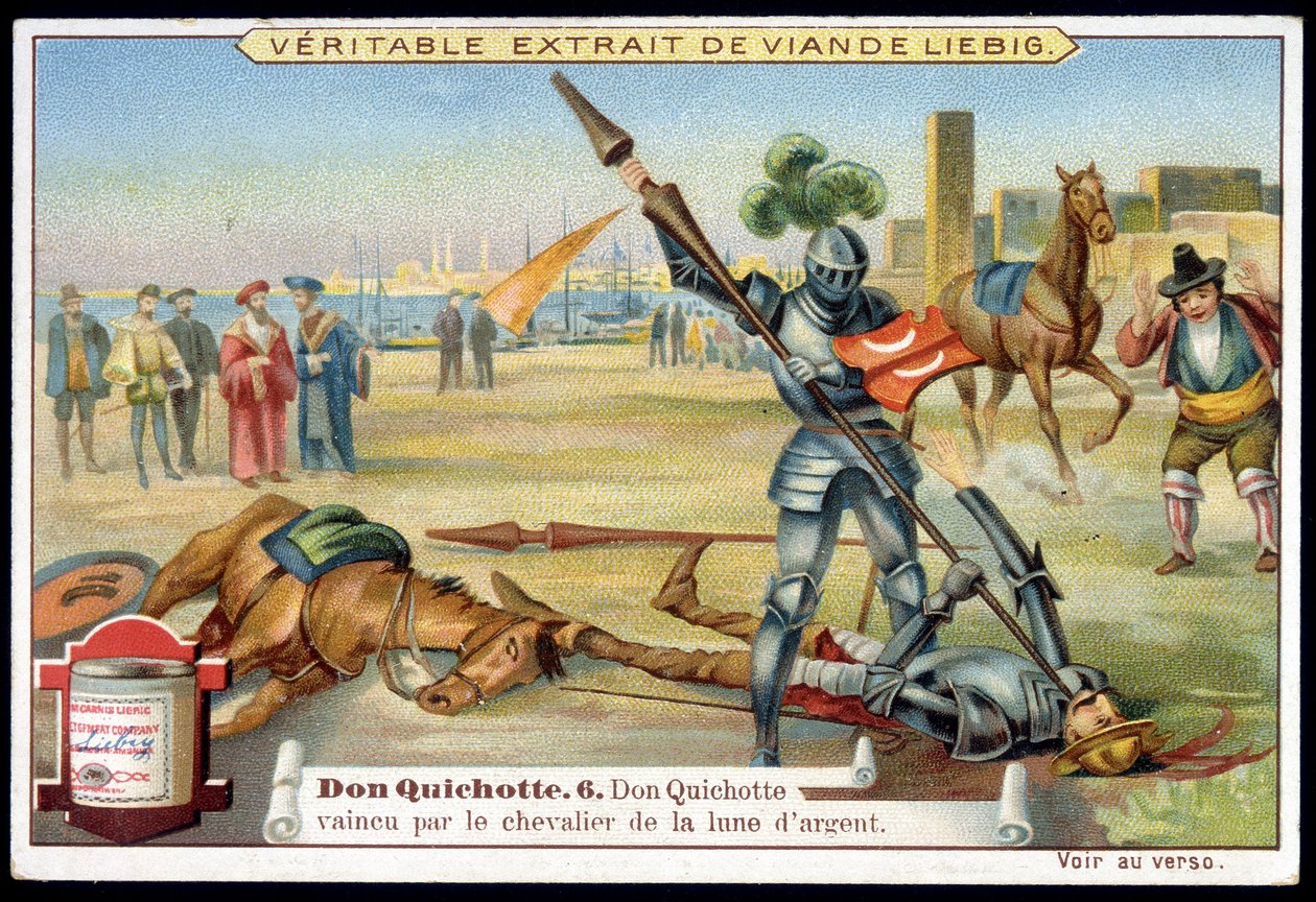 Liebig chromolithografie: Serie "Don Quichot", nr. 6: Don Quichot verslagen door de ridder van de zilveren maan. door European School