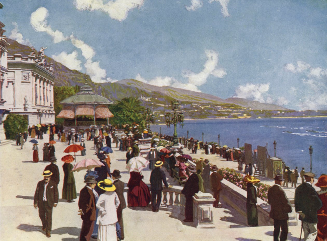 Monte-Carlo, La Terrasse en de Kiosque de la Musique (kleurenlitho) door European School