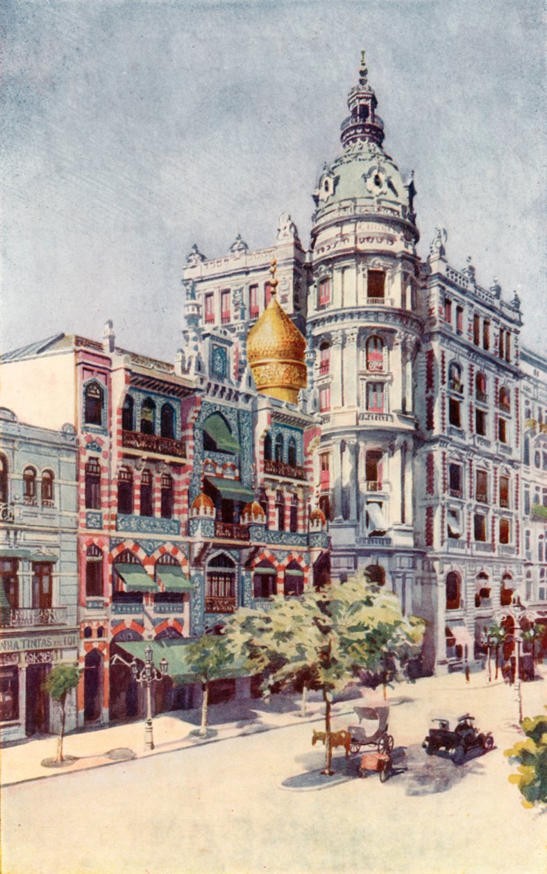 Moors gebouw en kantoren van Messrs Guinle, Avenida Rio Branco (kleurenlitho) door European School