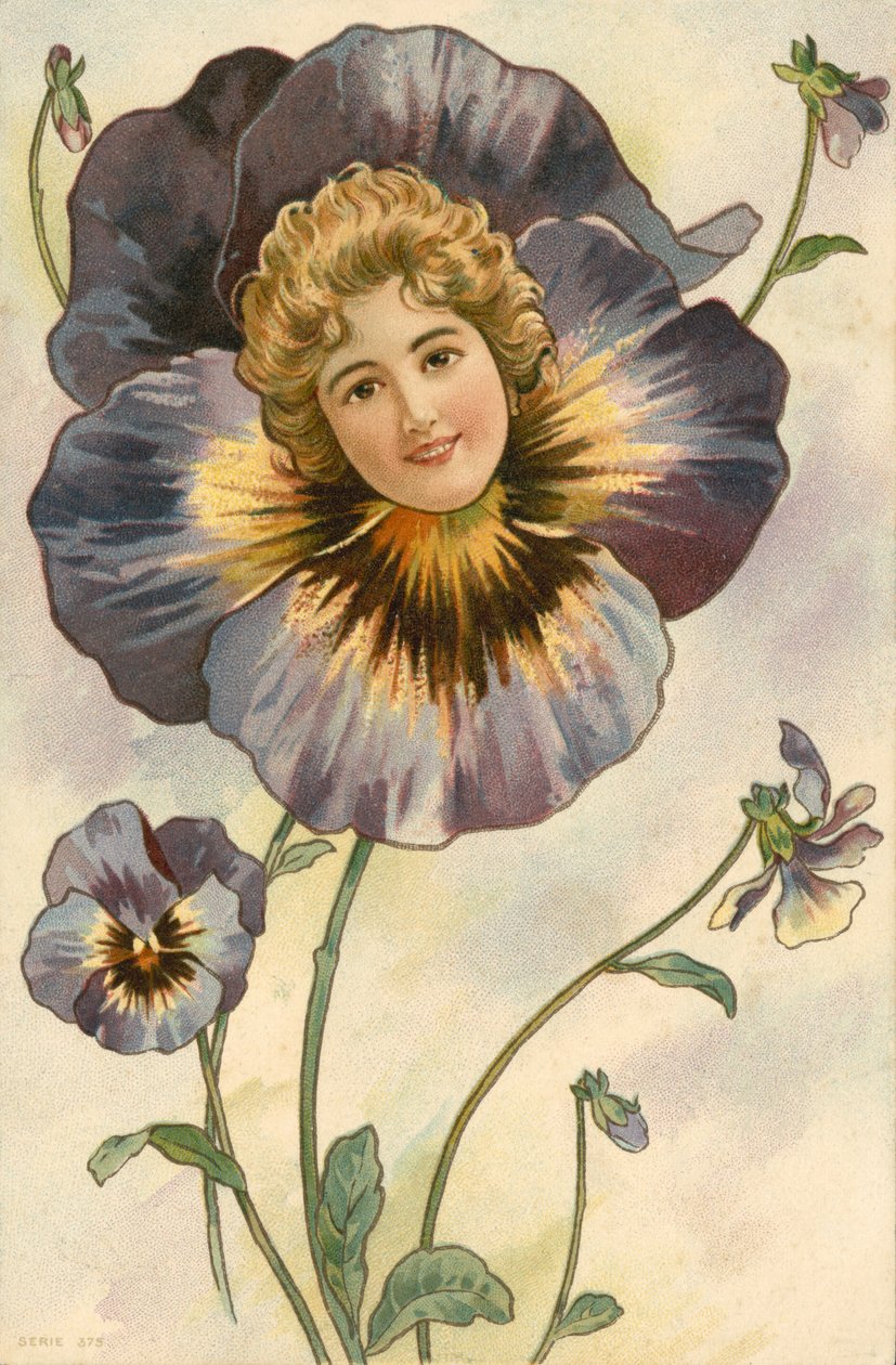 Meisjesgezichtje uit viooltje (kleurenlitho) door European School