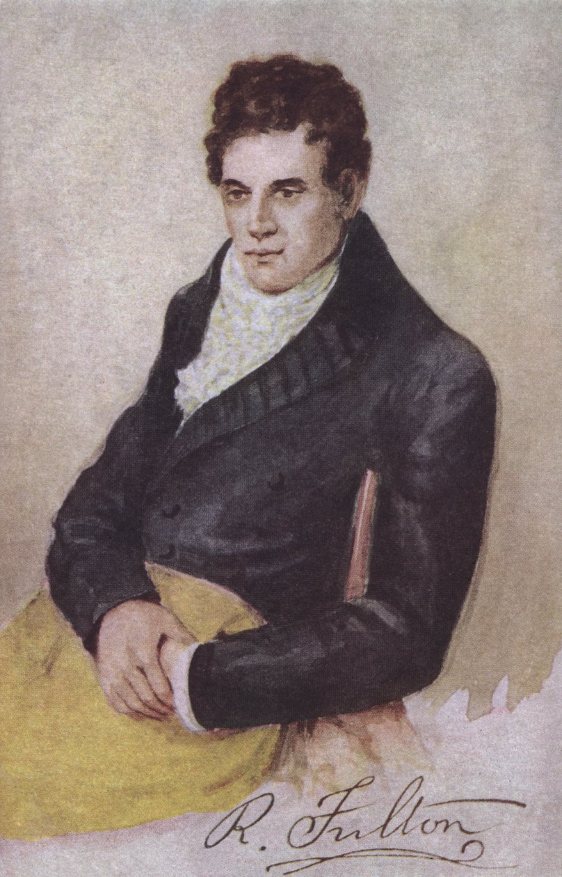 Robert Fulton, Amerikaans ingenieur, uitvinder en stoombootpionier (kleurenlitho) door European School