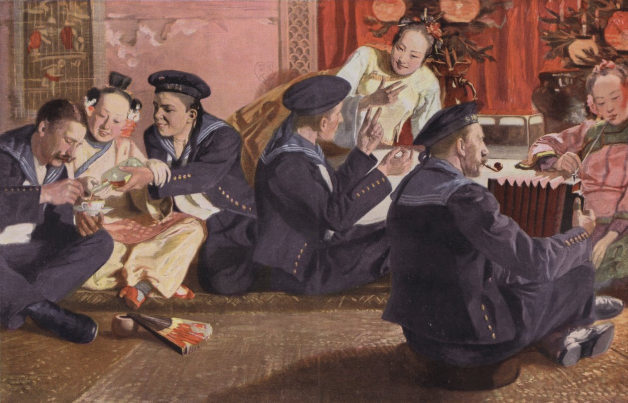 Matrozen in een Chinees theehuis (kleurenlitho) door European School