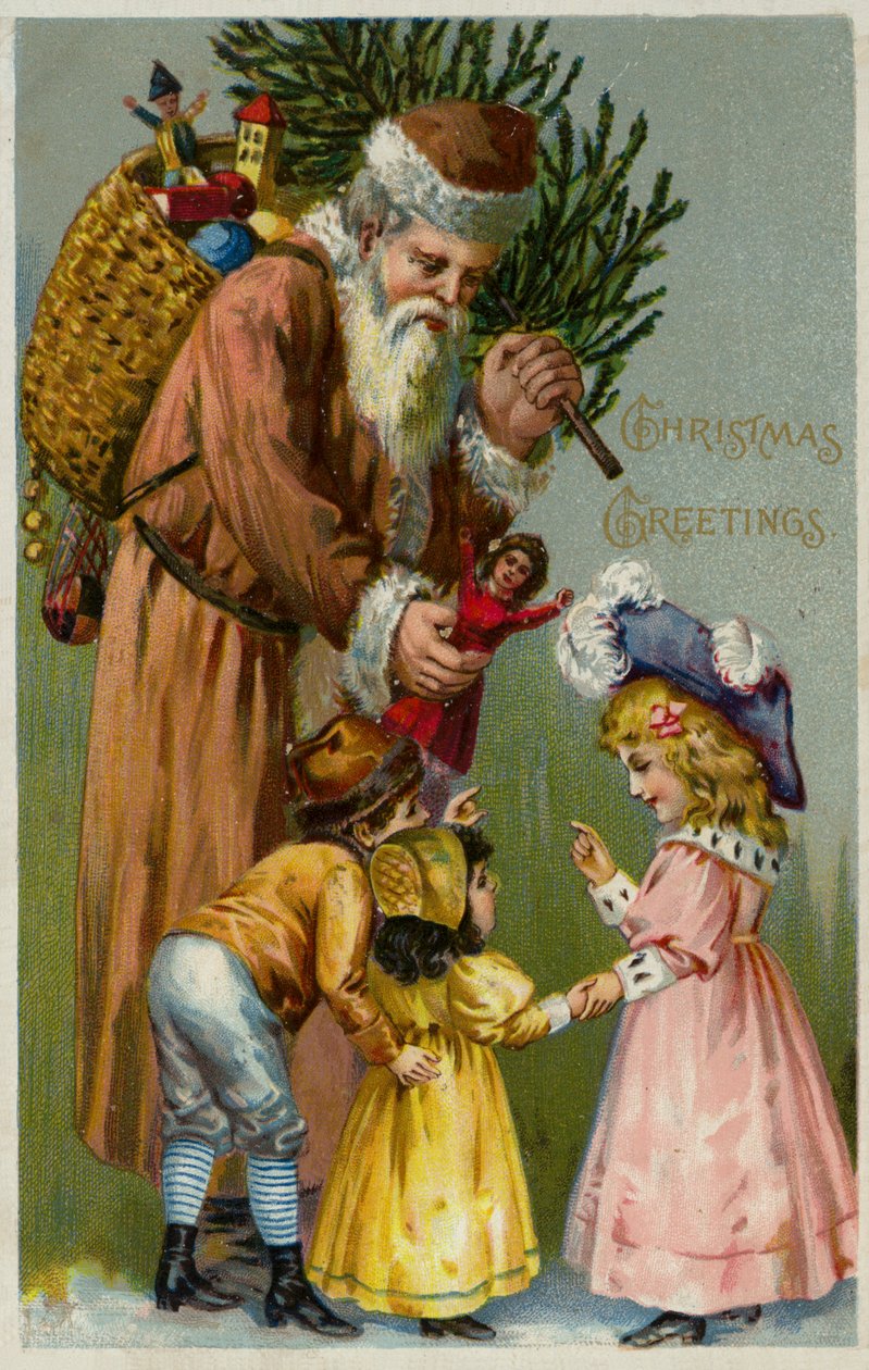 De kerstman geeft cadeautjes en een kerstboom aan kinderen (kleurenlitho) door European School