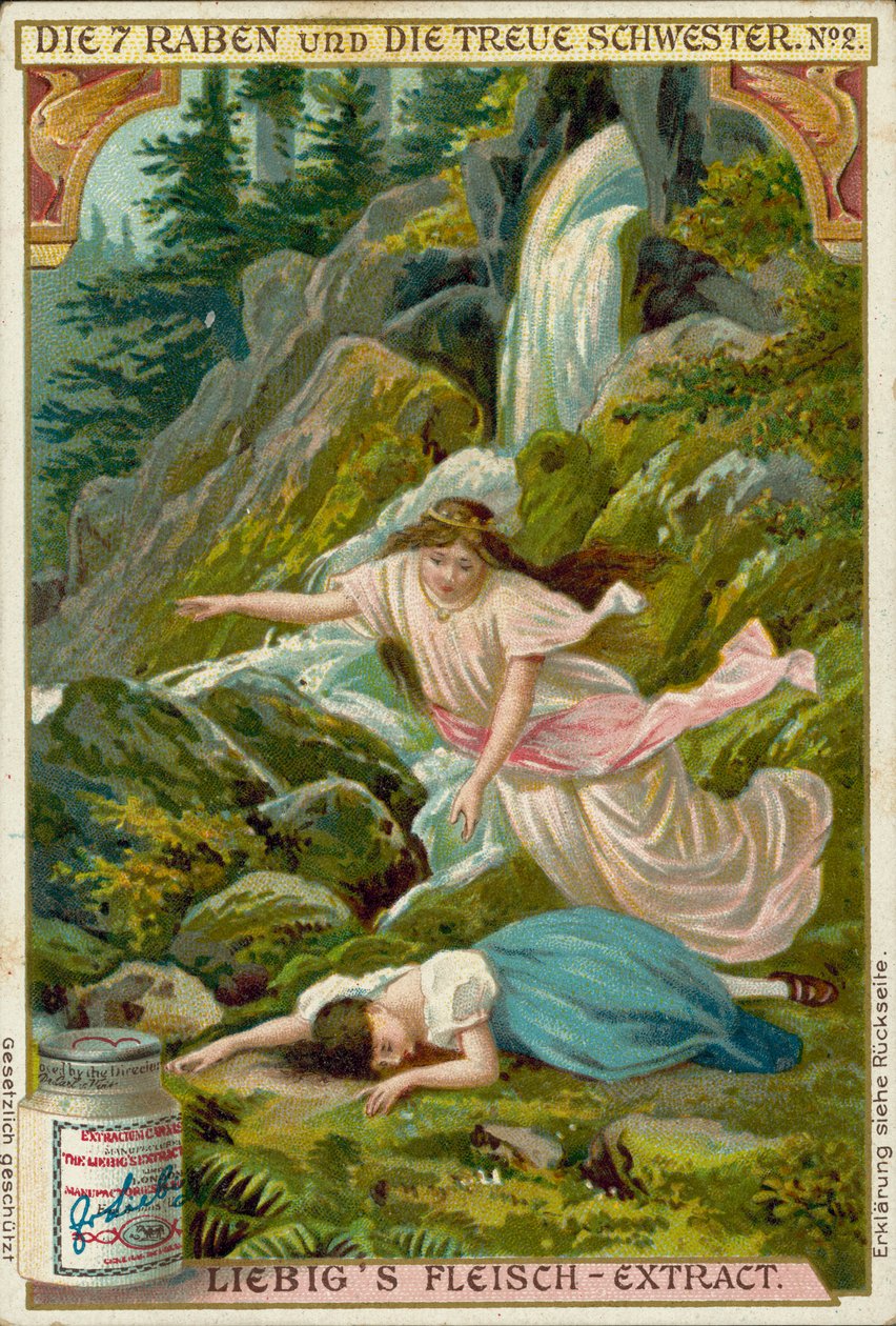 Scène uit De zeven raven, sprookje van de gebroeders Grimm (chromolitho) door European School