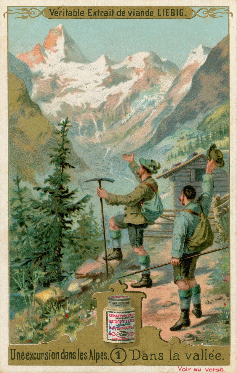 Scène van een excursie in de Alpen: in de vallei (chromolitho) door European School
