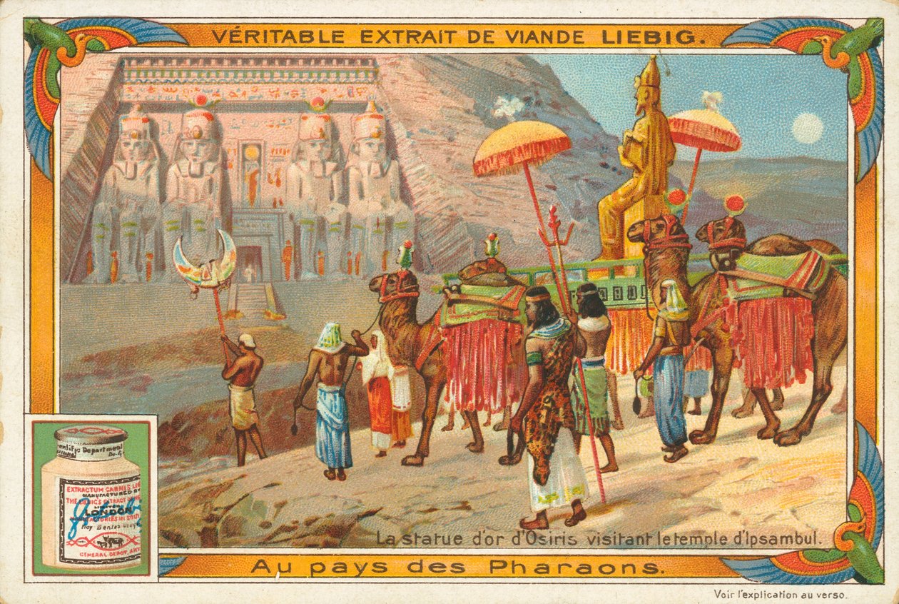 Beeld van Osiris op bezoek in de tempel van Ipsambul, Liebig-kaart, begin 20e eeuw (chromo) door European School