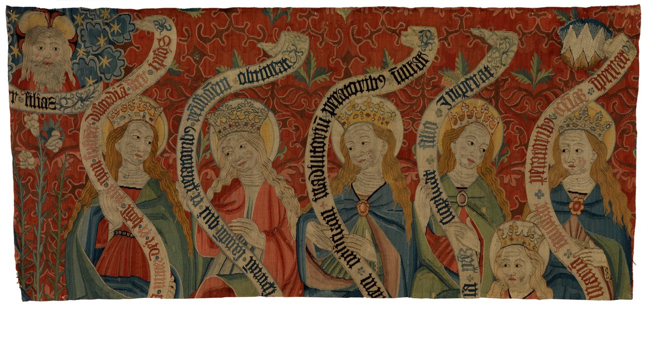 Wandtapijtfragment met de Almachtige en zes heilige vrouwen, waarschijnlijk van een antependium, eind 15e eeuw door European School