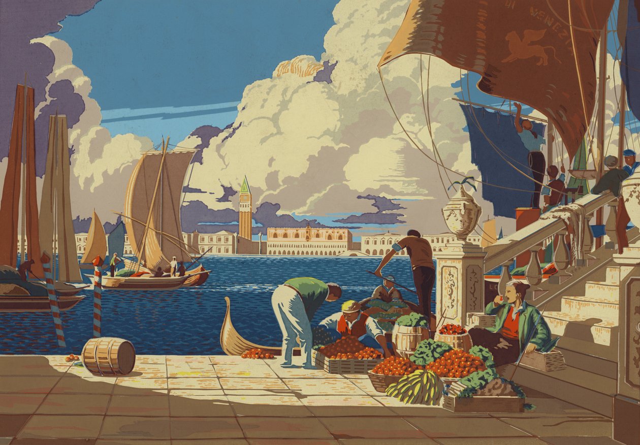 Venetië, kijkend over de lagune naar San Marco (kleurenlitho) door European School