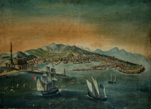 Uitzicht op een haven met een vuurtoren op een voorgebergte, ca. 1800 door European School