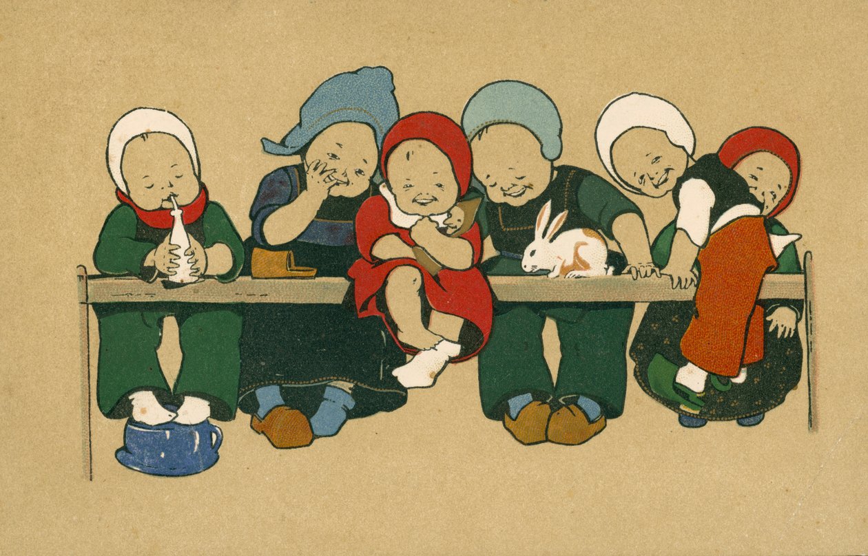 Jonge Nederlandse kinderen in klederdracht (kleurenlitho) door European School