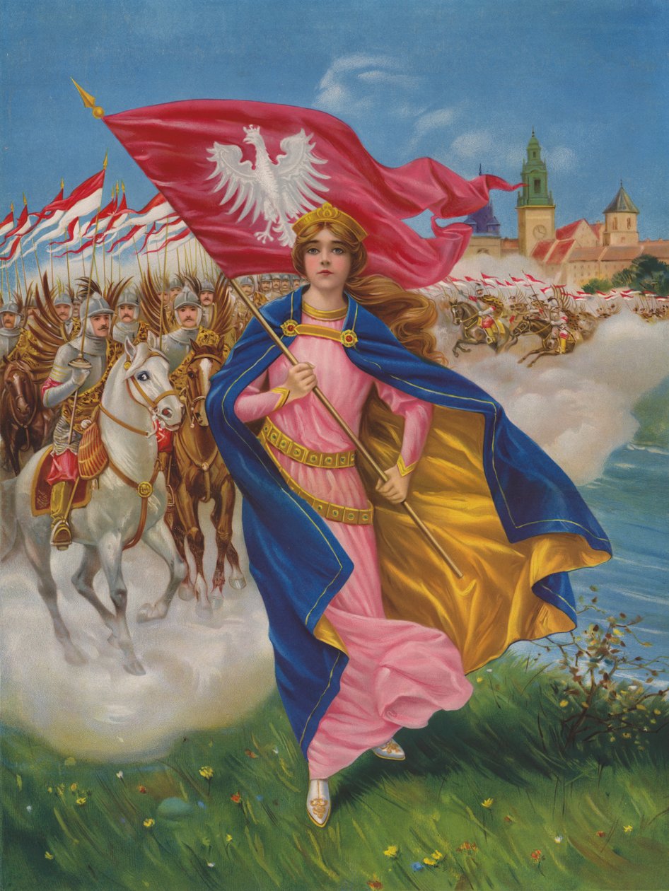 Jonge vrouwelijke heilige houdt een spandoek vast met de Poolse witte adelaar, gevolgd door Poolse soldaten te paard (chromolitho) door European School