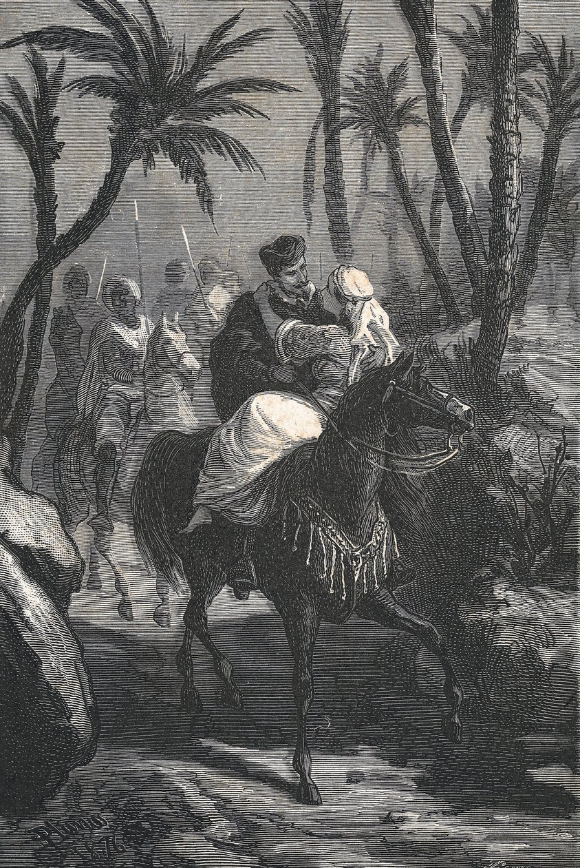 Cervantes rijdt op een paard met een vrouw in een oase door Eusebio Planas