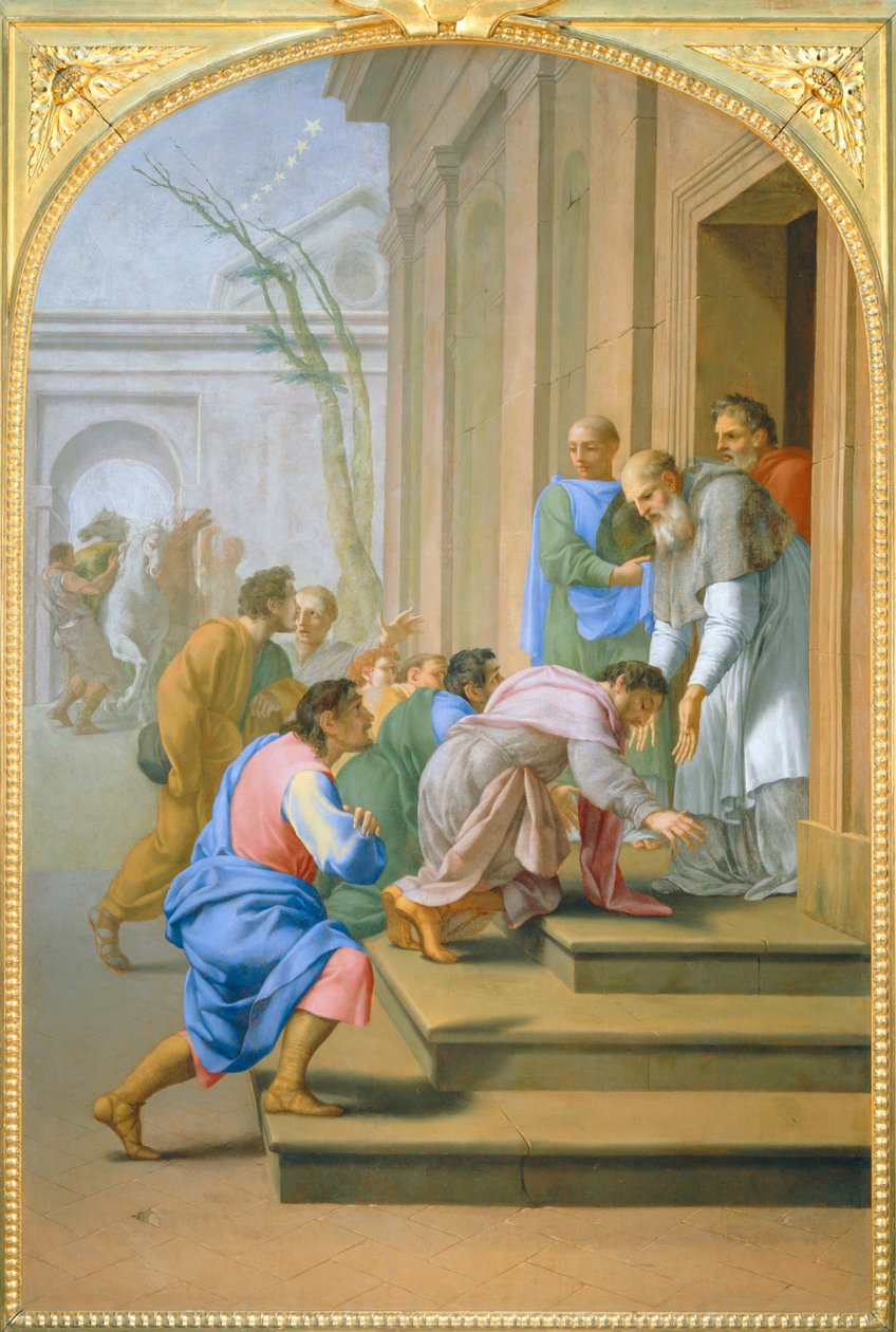Arrivee de saint Bruno à Grenoble chez saint Hugues - De aankomst van de heilige Bruno in Grenoble bij de heilige Hugh ... door Eustache (studio of) Le Sueur