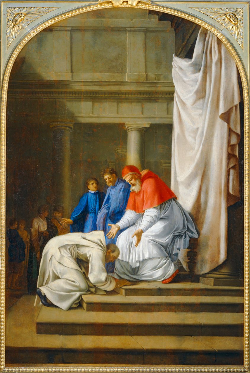 Saint Bruno aux pieds du pape Urbain II - Sint Bruno aan de voeten van paus Urbanus II. 1645-1648 ... door Eustache (studio of) Le Sueur