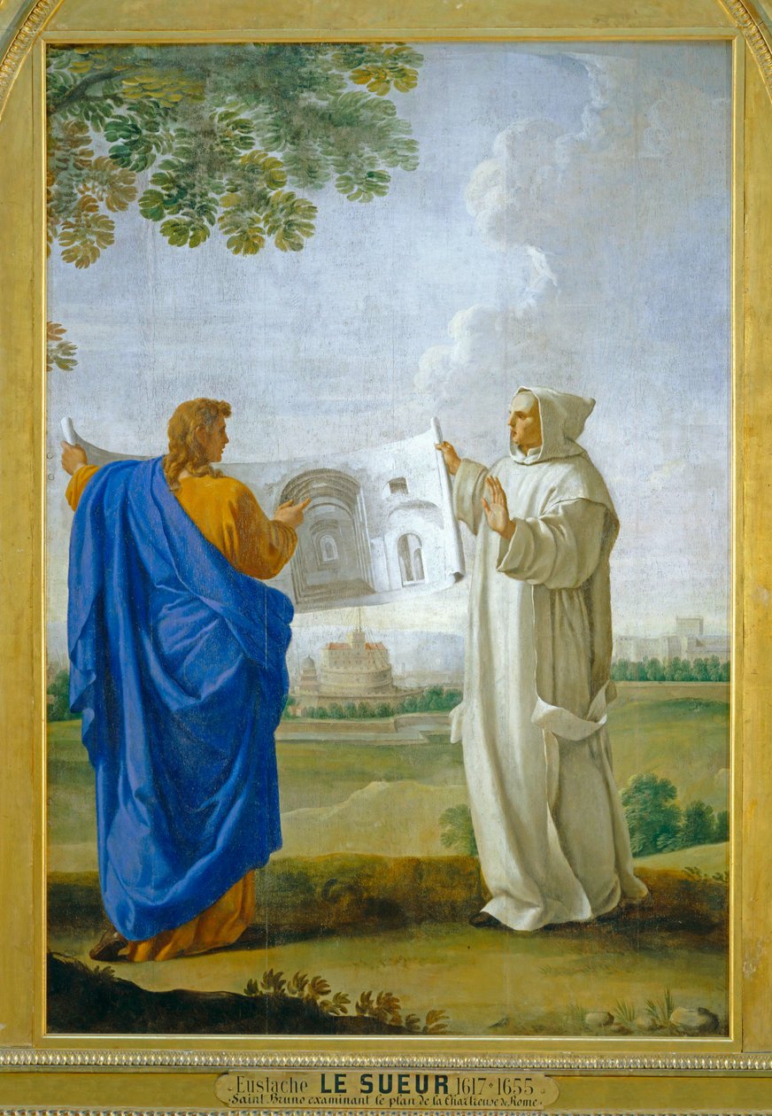 Sint Bruno onderzoekt een tekening van de thermen van Diocletien, de toekomstige plaats van het Charterhuis van Rome ... door Eustache (studio of) Le Sueur