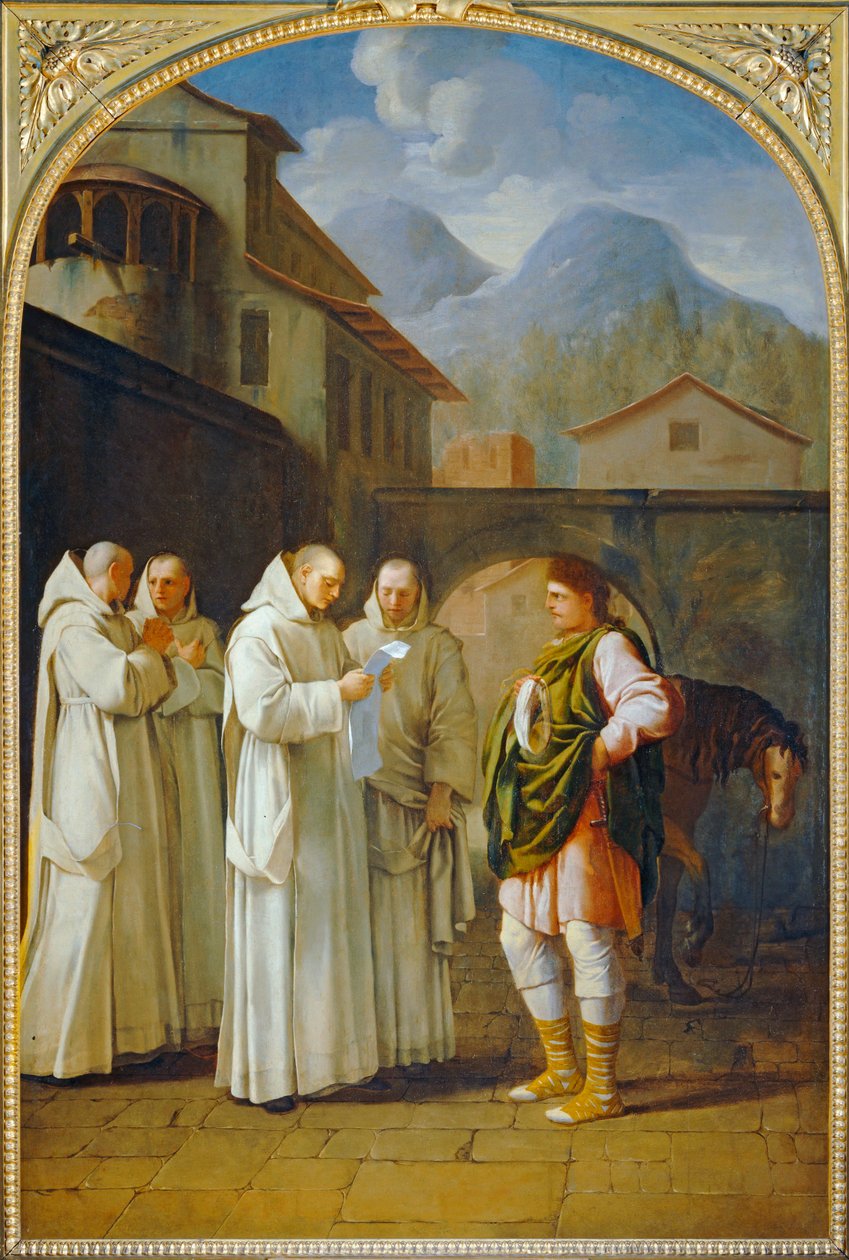 Saint Bruno recoit un messager du pape - Sint Bruno ontvangt een boodschapper van de paus. 1645-1648 ... door Eustache (studio of) Le Sueur