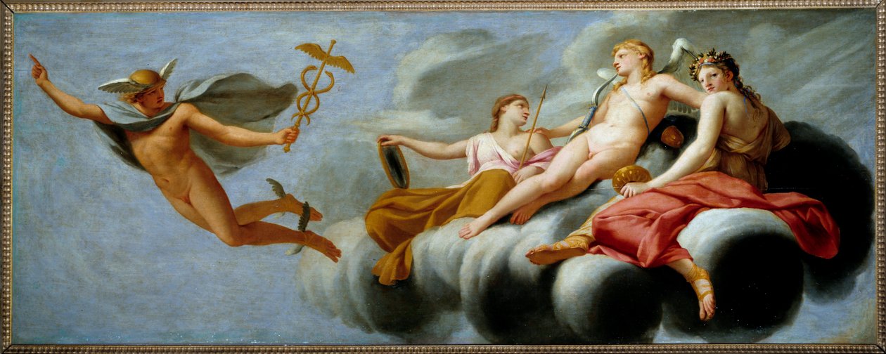 Cupid beveelt Mercurius om zijn macht aan het universum aan te kondigen. Schilderij door Eustache Le Sueur, 1646 door Eustache Le Sueur