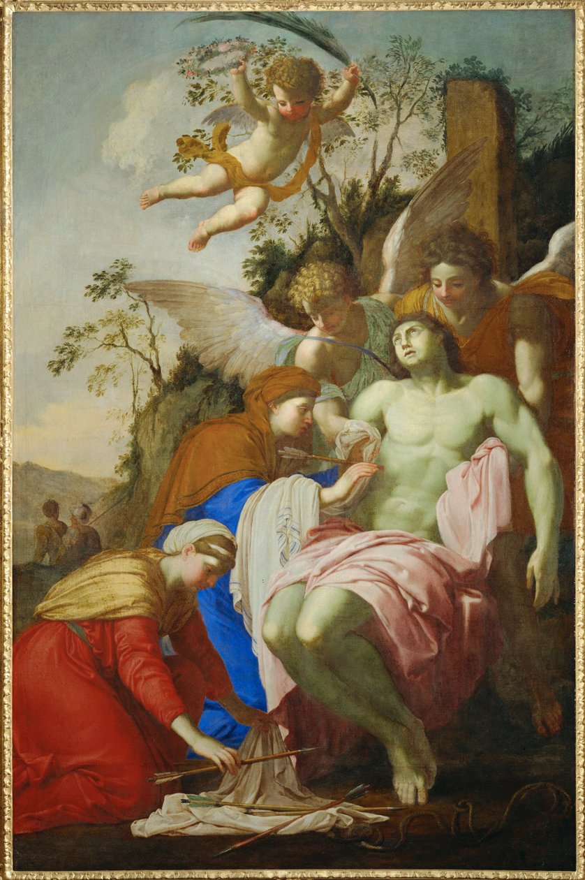 Sint Sebastiaan verdedigd door Sint Irene (schilderij op doek) door Eustache Le Sueur