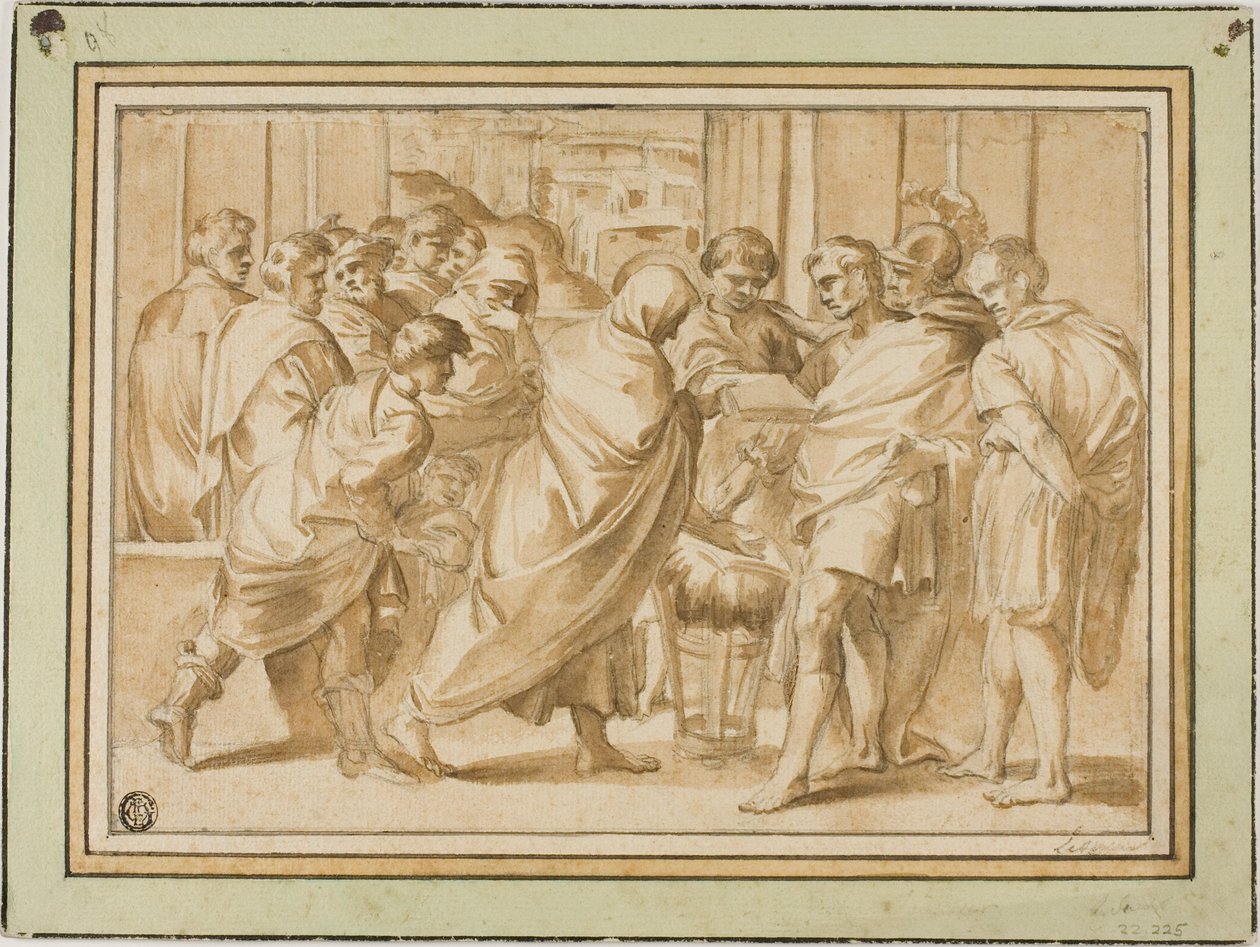 Scène uit de Romeinse Geschiedenis, met Geklede Figuur die Boek aan Heerser Overhandigt door Eustache Le Sueur