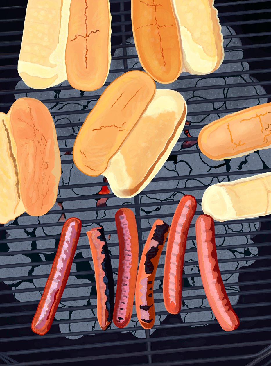 6 hotdogs op grill, zuidkant van Streef (digitale kunst) door Evan Sklar