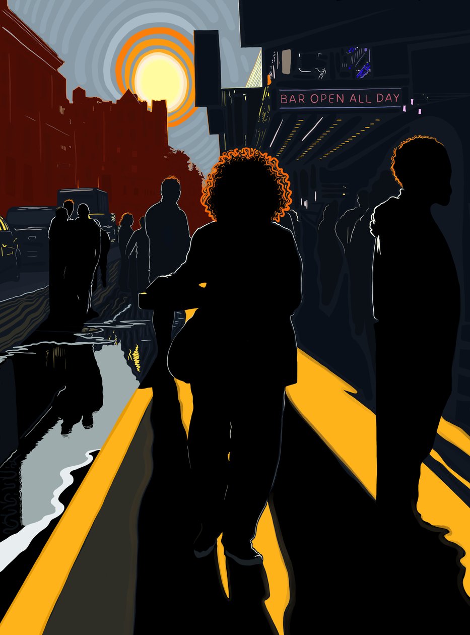 Verlichte figuren en zon op de stoep van Manhattan (digitale kunst) door Evan Sklar