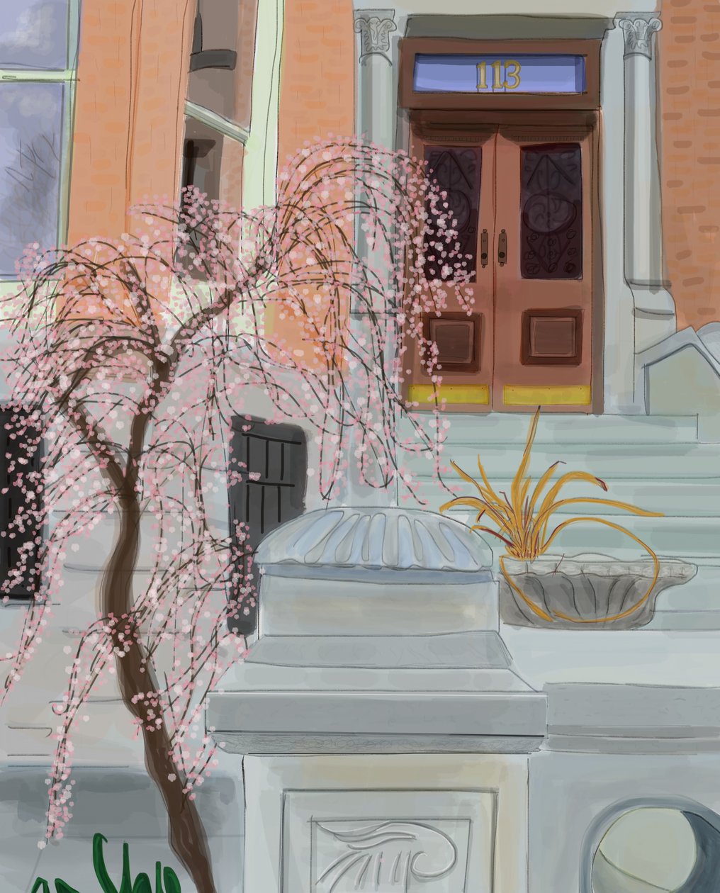 Bloeiende kersenboom, Brooklyn, 2017 (met de hand getekend op een iPad met een Apple-potlood) door Evan Sklar