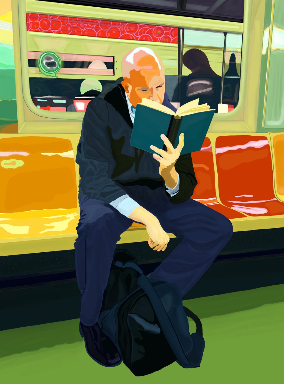 Blauw Boek, Kale Man, F Trein, 2019 (met de hand getekend op een iPad met een Apple potlood) door Evan Sklar