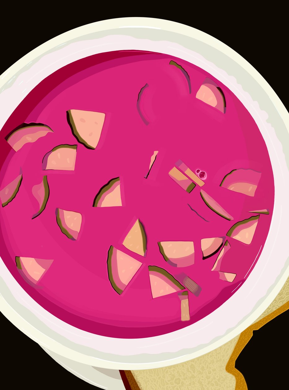 Kom Borsjt met gesneden komkommer en brood.jpg, c.2020-24 (digitale kunst) door Evan Sklar